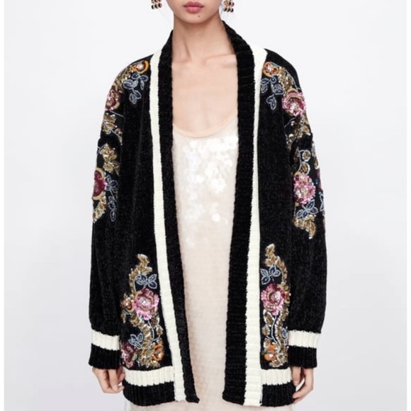 ZARA Knit Floral Appliqué Chunky Open Cardigan - Picture 2 of 14